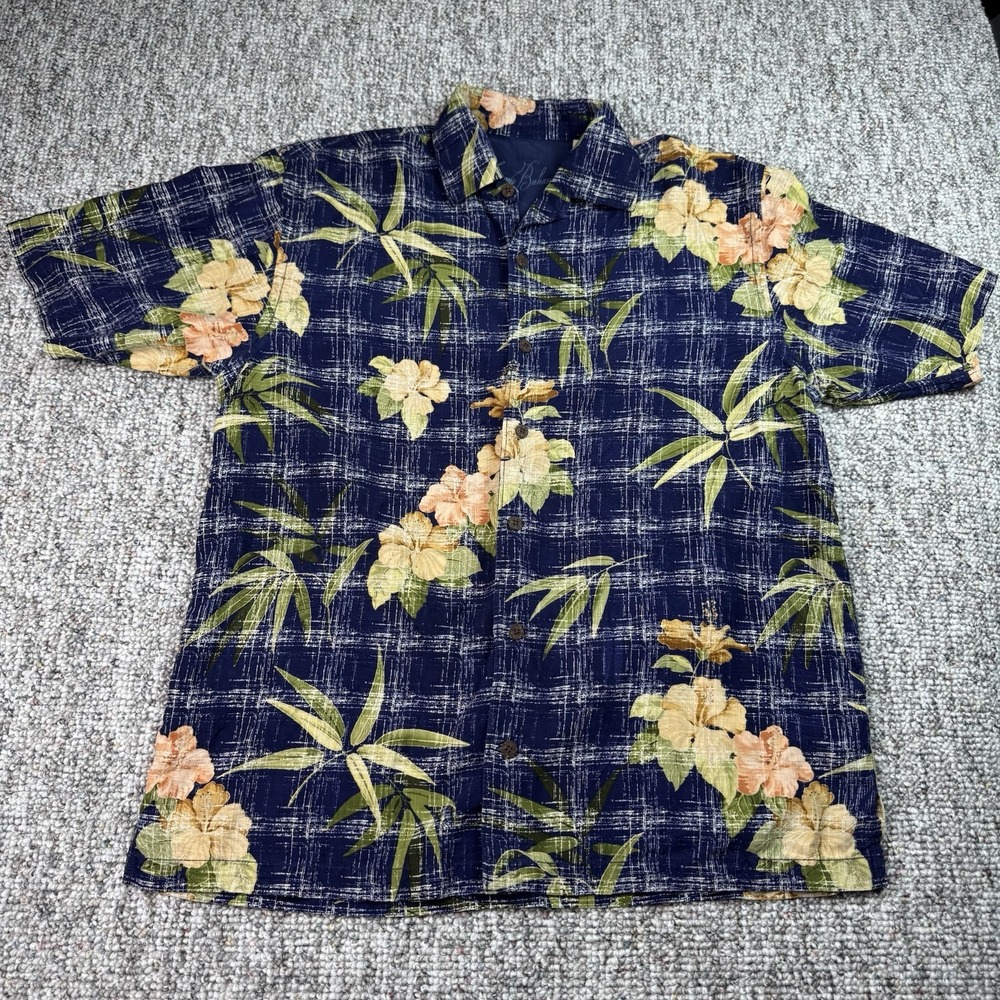 Tommy Bahama Shirt Mens Medium Floral Hawaiian Button Up 100% Silk Blue
